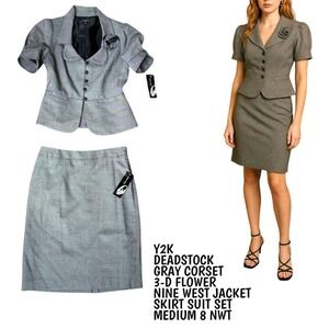 Y2K DEADSTOCK GRAY FLOWER NINE WEST CORSET SUIT JACKET SKIRT SET SZ 8 MEDIUM NWT